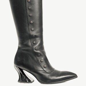 John Fluevog Lu Black Leather Tall Studded Boots